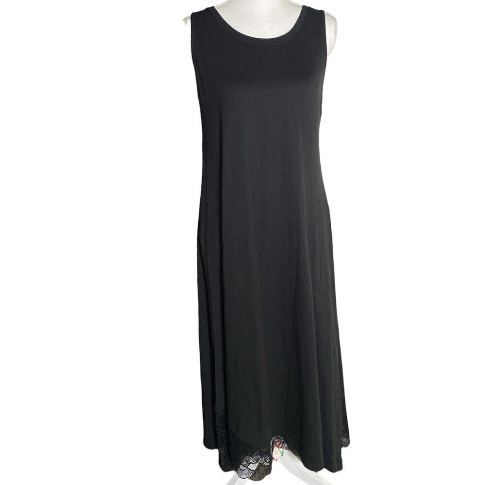 LOGO Lori Goldstein Women SZ S Black Knit MIDI Dress Lace Trim Pockets Cover Up